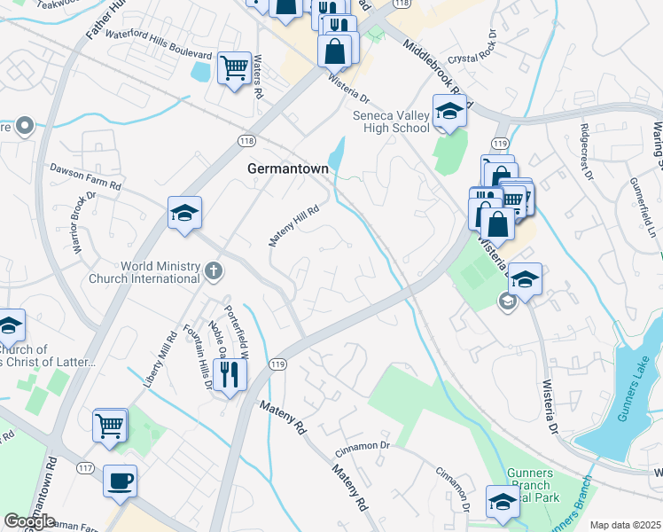 map of restaurants, bars, coffee shops, grocery stores, and more near 54 Cherry Bend Court in Germantown