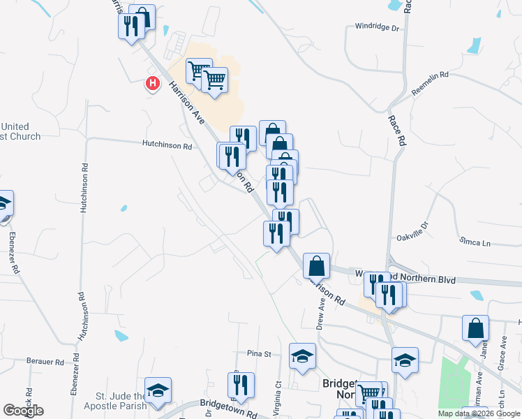 map of restaurants, bars, coffee shops, grocery stores, and more near 5715 Harrison Avenue in Cincinnati