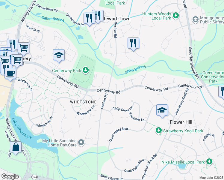map of restaurants, bars, coffee shops, grocery stores, and more near 905 Centerway Road in Montgomery Village