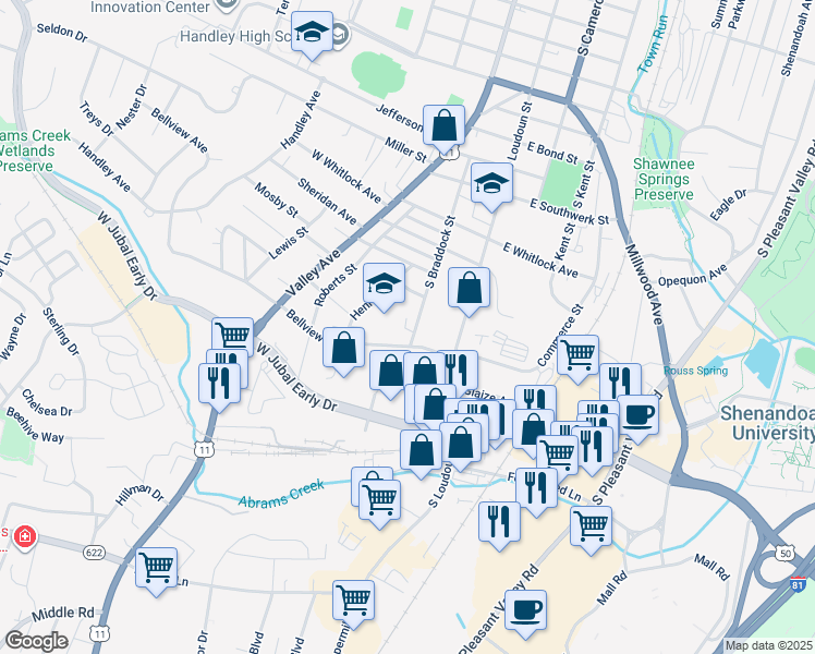 map of restaurants, bars, coffee shops, grocery stores, and more near 120 Bellview Avenue in Winchester
