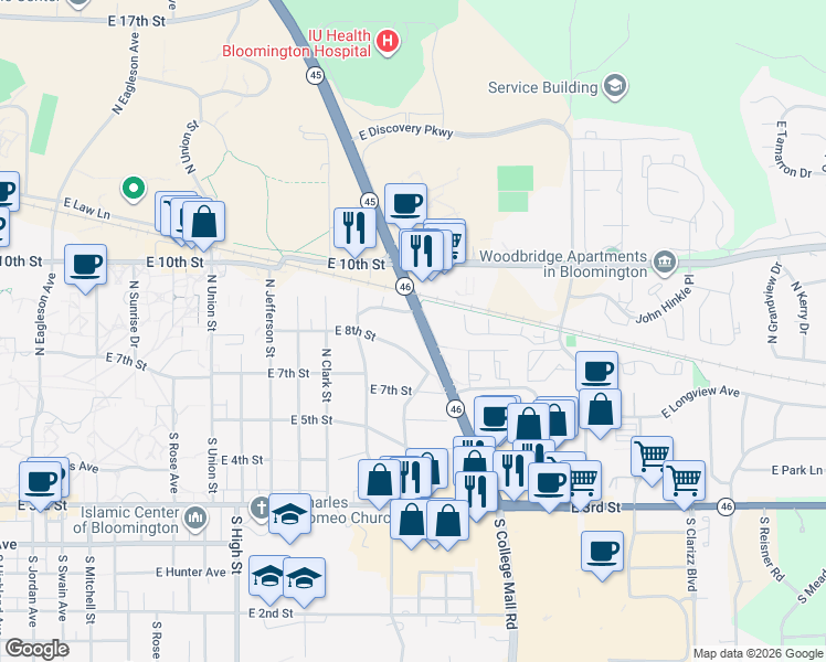 map of restaurants, bars, coffee shops, grocery stores, and more near 2536 Eastgate Lane in Bloomington