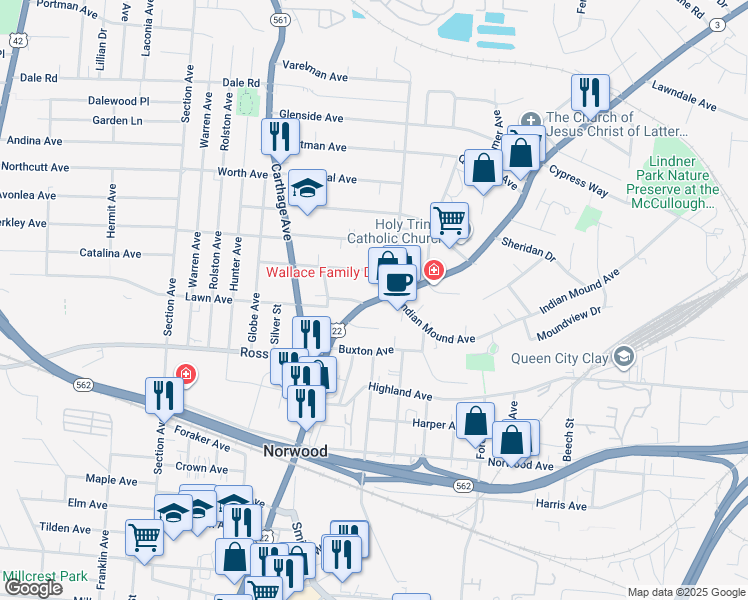 map of restaurants, bars, coffee shops, grocery stores, and more near 5159 Montgomery Road in Norwood