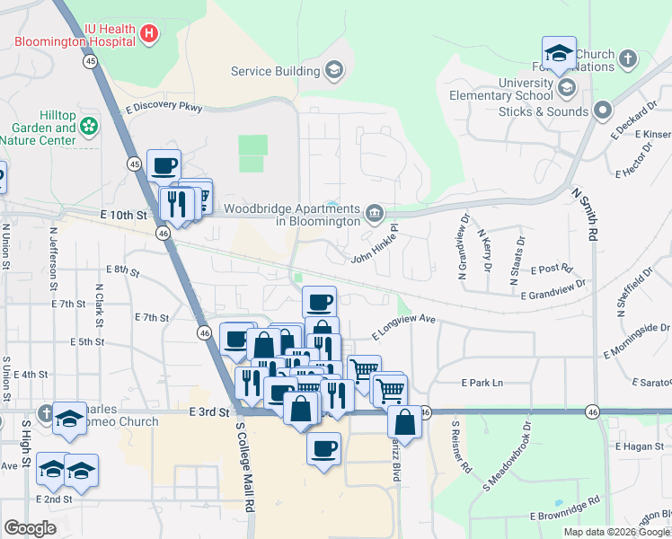 map of restaurants, bars, coffee shops, grocery stores, and more near in Bloomington