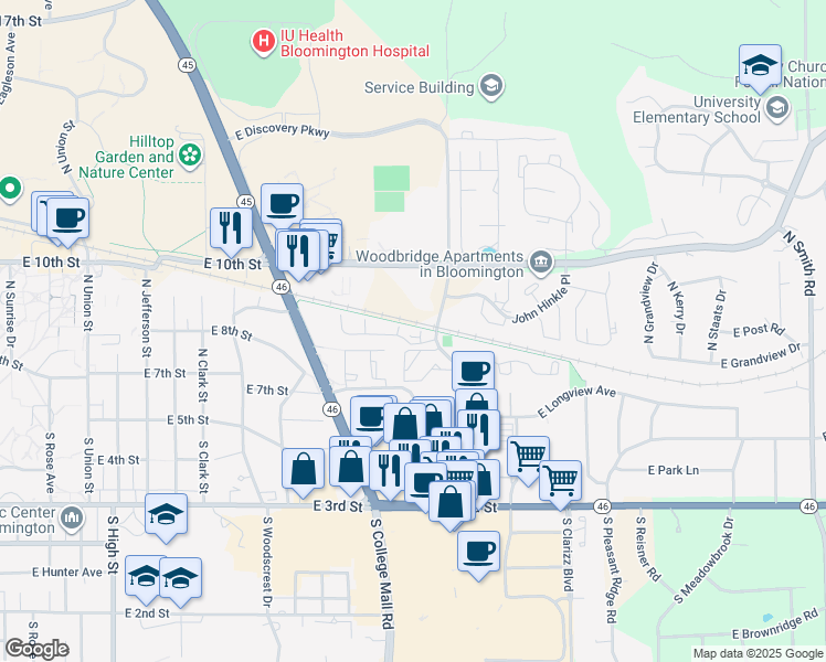 map of restaurants, bars, coffee shops, grocery stores, and more near 3073 East Amy Lane in Bloomington