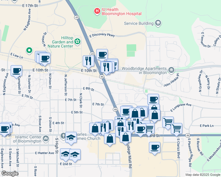 map of restaurants, bars, coffee shops, grocery stores, and more near 2553 Eastgate Lane in Bloomington