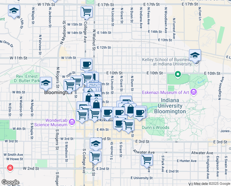 map of restaurants, bars, coffee shops, grocery stores, and more near 312 East 8th Street in Bloomington
