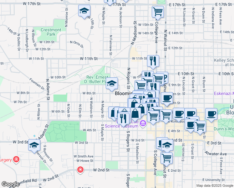 map of restaurants, bars, coffee shops, grocery stores, and more near 520 West 8th Street in Bloomington