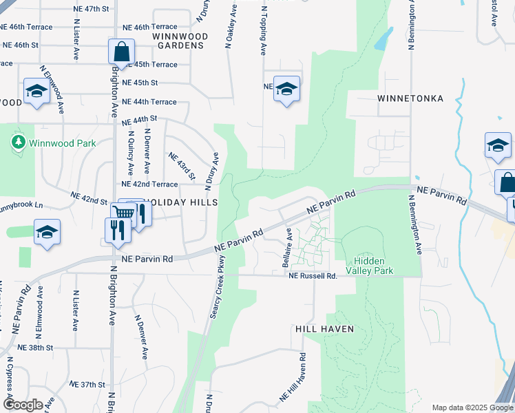 map of restaurants, bars, coffee shops, grocery stores, and more near 5822 Northeast 42 Street in Kansas City