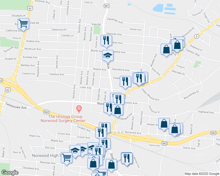 map of restaurants, bars, coffee shops, grocery stores, and more near 5201 Carthage Avenue in Cincinnati