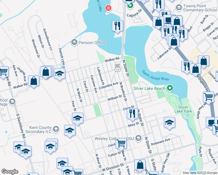 map of restaurants, bars, coffee shops, grocery stores, and more near 214 Columbia Avenue in Dover