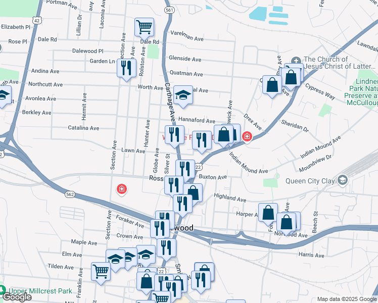 map of restaurants, bars, coffee shops, grocery stores, and more near 5203 Rose Avenue in Cincinnati