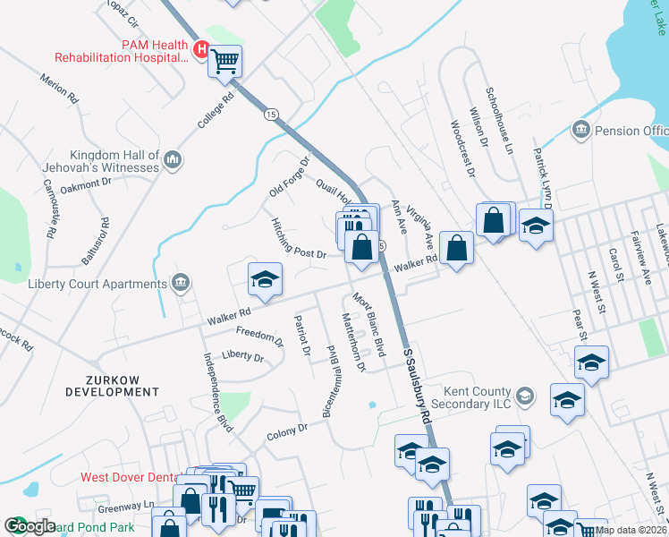 map of restaurants, bars, coffee shops, grocery stores, and more near 7 Heritage Drive in Dover
