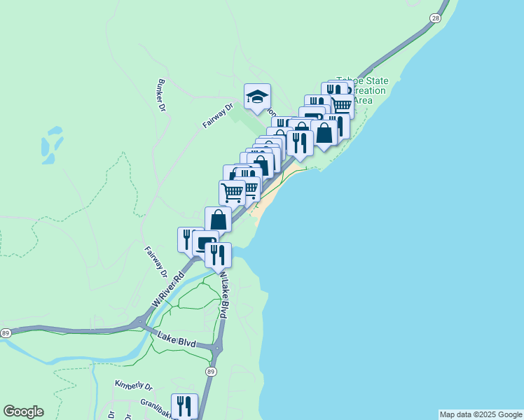 map of restaurants, bars, coffee shops, grocery stores, and more near 400 North Lake Boulevard in Tahoe City