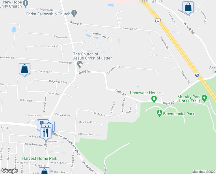 map of restaurants, bars, coffee shops, grocery stores, and more near 3120 Diehl Road in Cincinnati