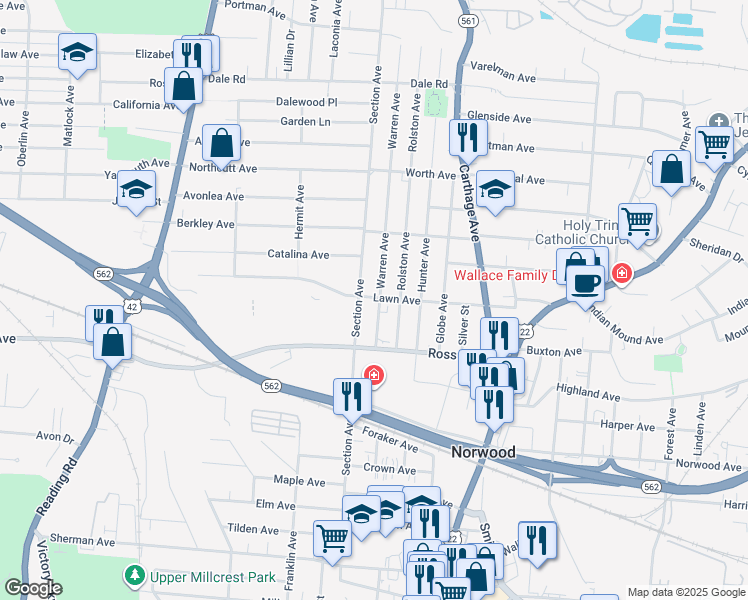 map of restaurants, bars, coffee shops, grocery stores, and more near 5141 Warren Avenue in Norwood