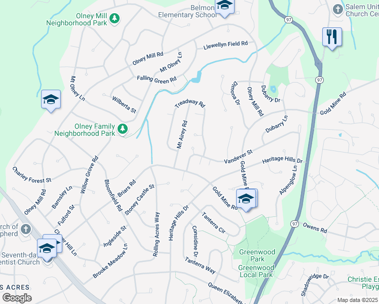 map of restaurants, bars, coffee shops, grocery stores, and more near 2 Vandever Court in Brookeville