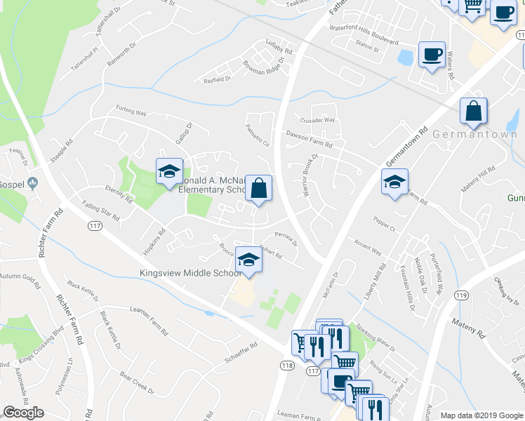 map of restaurants, bars, coffee shops, grocery stores, and more near 18907 Lark Song Terrace in Germantown