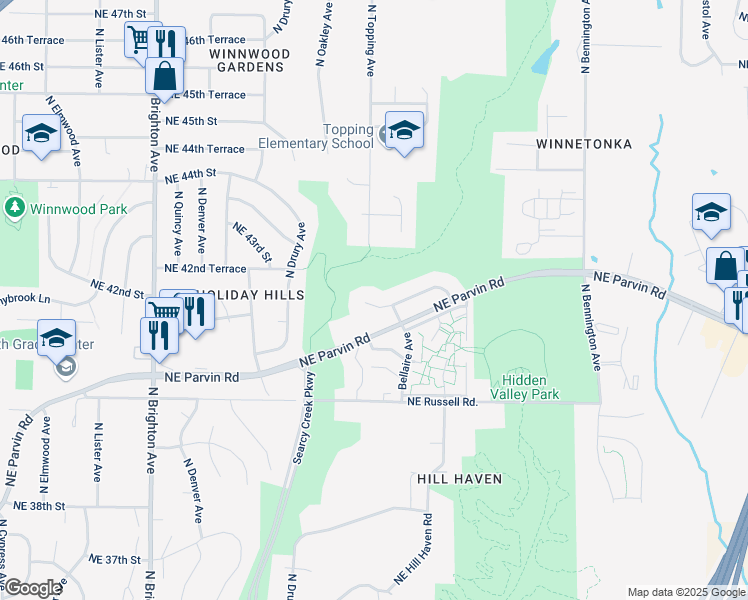 map of restaurants, bars, coffee shops, grocery stores, and more near 5822 Northeast 42 Street in Kansas City