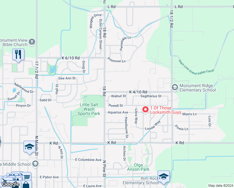 map of restaurants, bars, coffee shops, grocery stores, and more near 1123 Walnut Street in Fruita