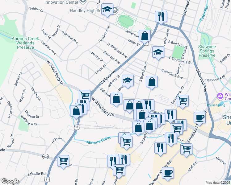 map of restaurants, bars, coffee shops, grocery stores, and more near 1807 Henry Avenue in Winchester