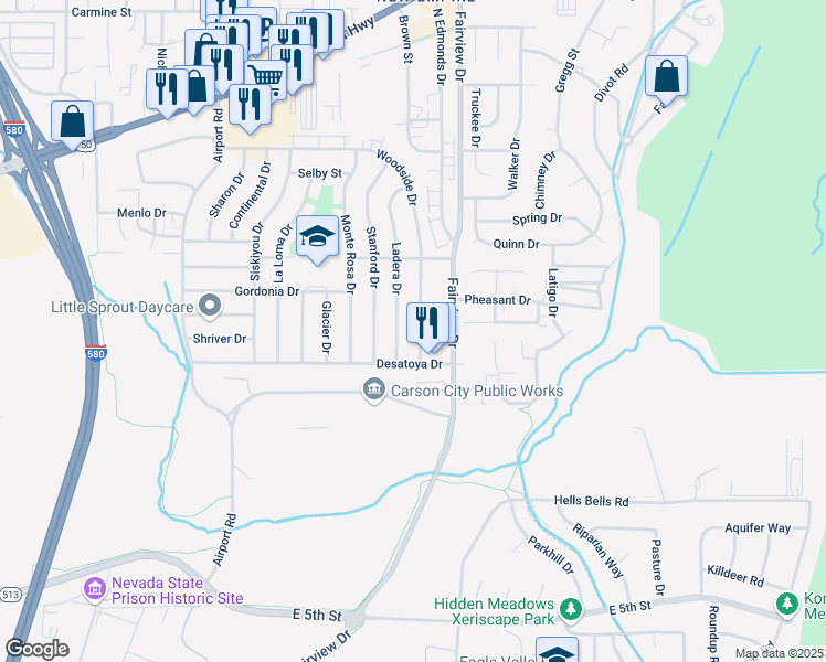 map of restaurants, bars, coffee shops, grocery stores, and more near 1026 Woodside Drive in Carson City