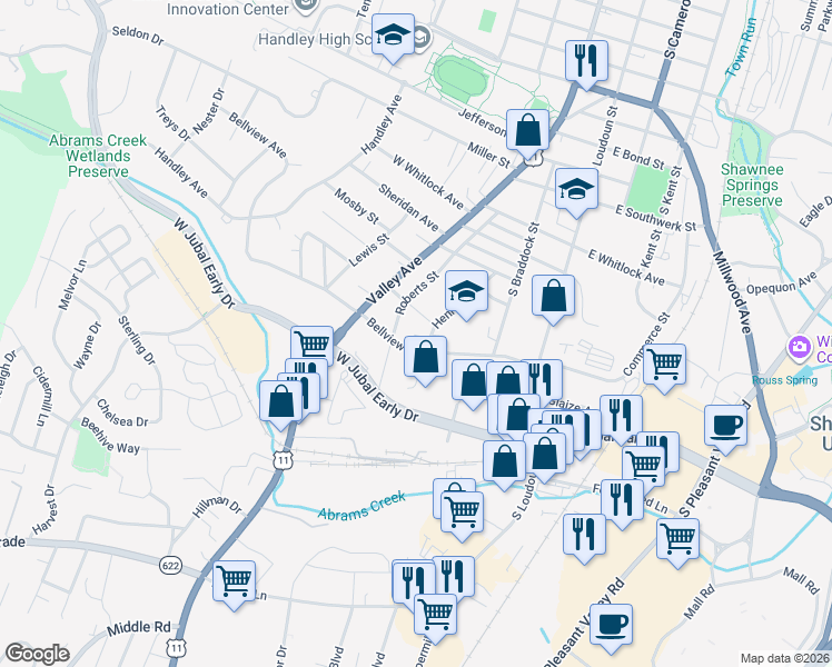map of restaurants, bars, coffee shops, grocery stores, and more near 1807 Henry Avenue in Winchester
