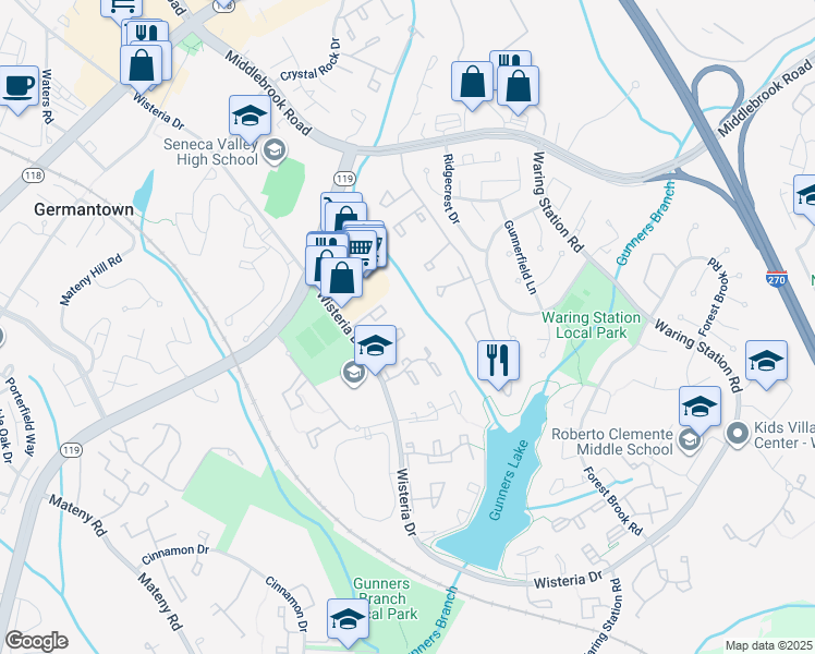 map of restaurants, bars, coffee shops, grocery stores, and more near 12539 Laurel Grove Place in Germantown