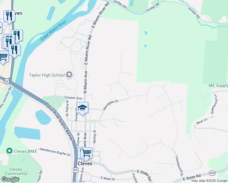 map of restaurants, bars, coffee shops, grocery stores, and more near 106 Western Knoll Drive in Cleves