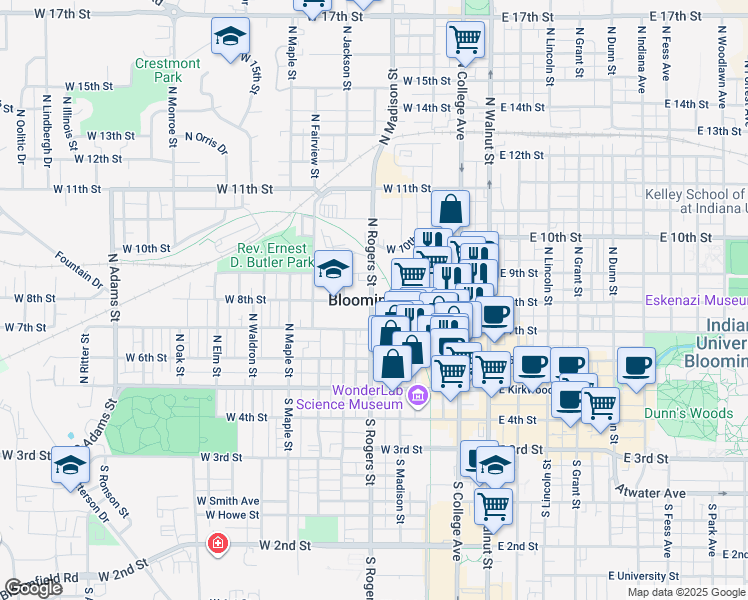 map of restaurants, bars, coffee shops, grocery stores, and more near in Bloomington
