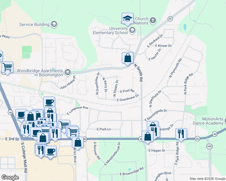 map of restaurants, bars, coffee shops, grocery stores, and more near 601 North Staats Drive in Bloomington