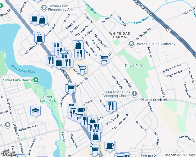 map of restaurants, bars, coffee shops, grocery stores, and more near 153 North Halsey Road in Dover