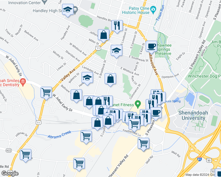 map of restaurants, bars, coffee shops, grocery stores, and more near 1620 South Loudoun Street in Winchester
