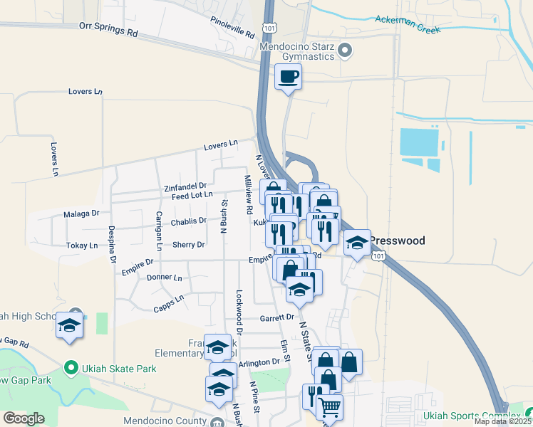 map of restaurants, bars, coffee shops, grocery stores, and more near 260 Kuki Road in Ukiah