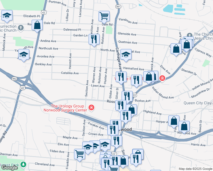 map of restaurants, bars, coffee shops, grocery stores, and more near 5200 Globe Avenue in Cincinnati