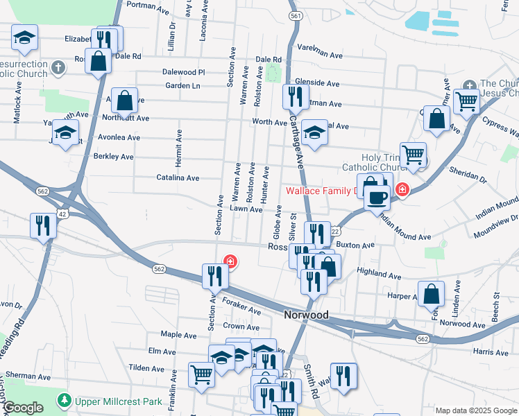 map of restaurants, bars, coffee shops, grocery stores, and more near 5142 Rolston Avenue in Cincinnati