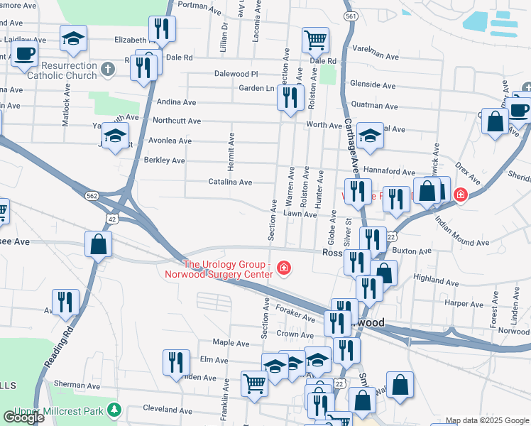 map of restaurants, bars, coffee shops, grocery stores, and more near 1945 Lawn Avenue in Cincinnati