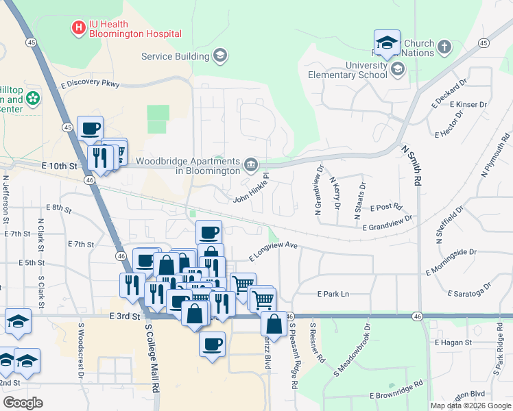 map of restaurants, bars, coffee shops, grocery stores, and more near 3446 John Hinkle Place in Bloomington