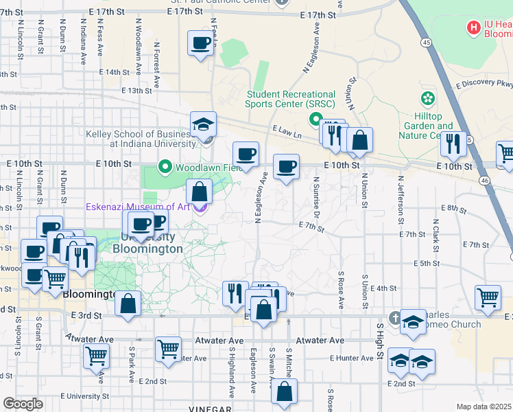 map of restaurants, bars, coffee shops, grocery stores, and more near 326 North Jordan Avenue in Bloomington