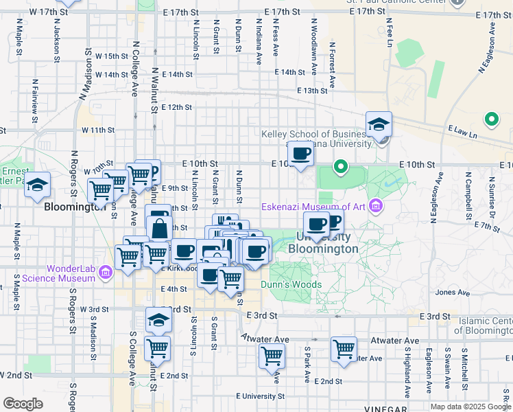 map of restaurants, bars, coffee shops, grocery stores, and more near 515 East 8th Street in Bloomington