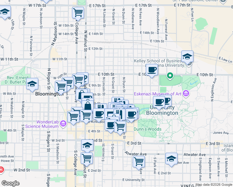 map of restaurants, bars, coffee shops, grocery stores, and more near 418 East 8th Street in Bloomington