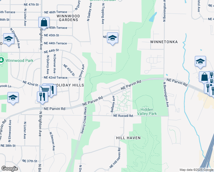 map of restaurants, bars, coffee shops, grocery stores, and more near 5822 Northeast 42 Street in Kansas City