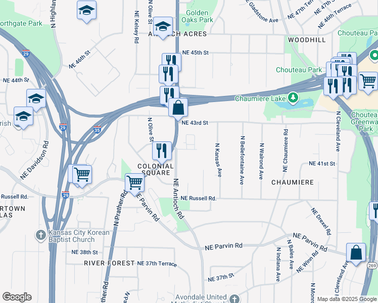 map of restaurants, bars, coffee shops, grocery stores, and more near 2600-2798,2601-2799 Northeast 42nd Street in Kansas City