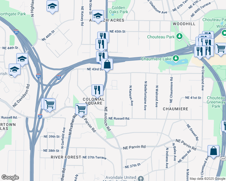 map of restaurants, bars, coffee shops, grocery stores, and more near 2600-2798,2601-2799 Northeast 42nd Street in Kansas City