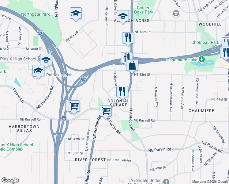 map of restaurants, bars, coffee shops, grocery stores, and more near 4112 Northeast Barbara Lane in Kansas City