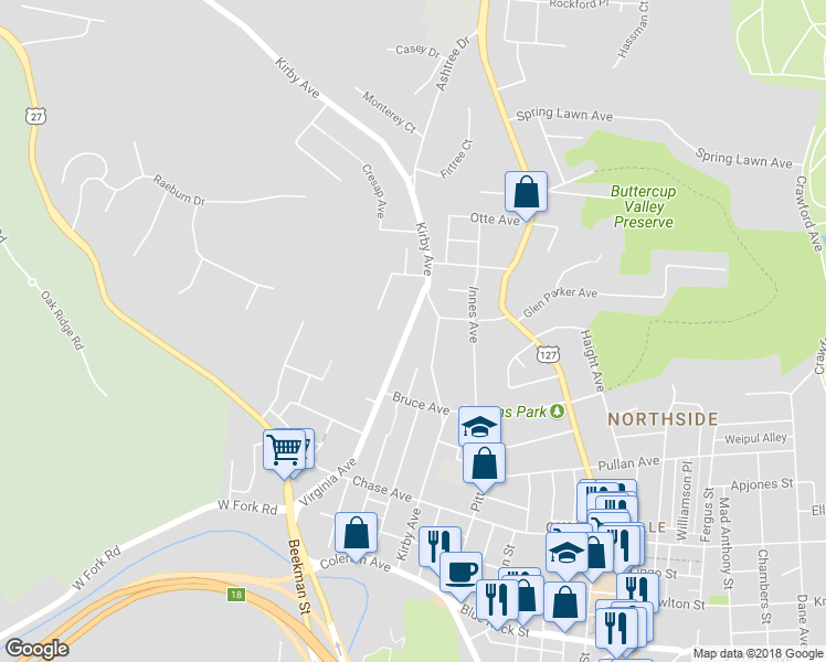 map of restaurants, bars, coffee shops, grocery stores, and more near 4366 Virginia Avenue in Cincinnati