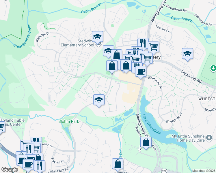 map of restaurants, bars, coffee shops, grocery stores, and more near 10101 Kindly Court in Gaithersburg