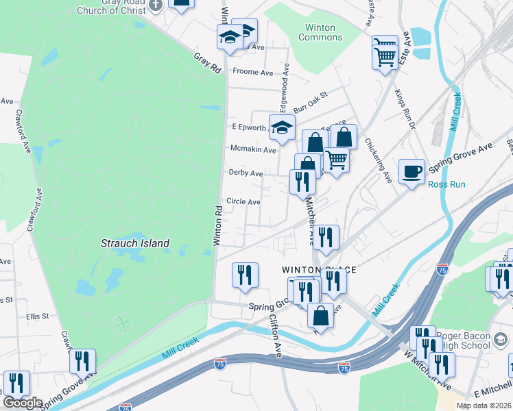 map of restaurants, bars, coffee shops, grocery stores, and more near 4459 Darrow Avenue in Cincinnati