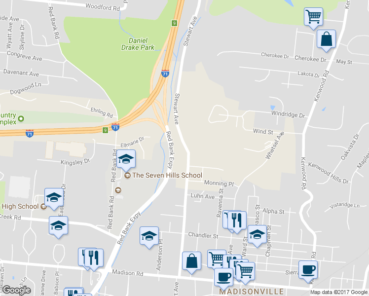 map of restaurants, bars, coffee shops, grocery stores, and more near 5633 Stewart Avenue in Cincinnati