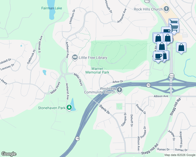 map of restaurants, bars, coffee shops, grocery stores, and more near 421 Warner Park Road in Manhattan