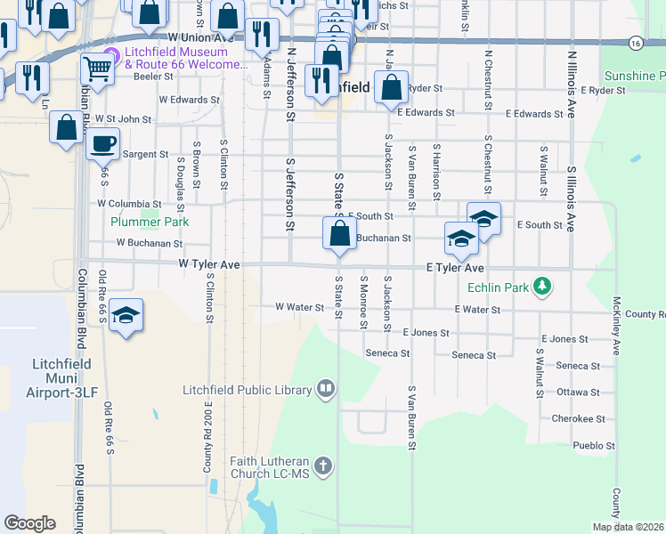 map of restaurants, bars, coffee shops, grocery stores, and more near 124 West Tyler Avenue in Litchfield
